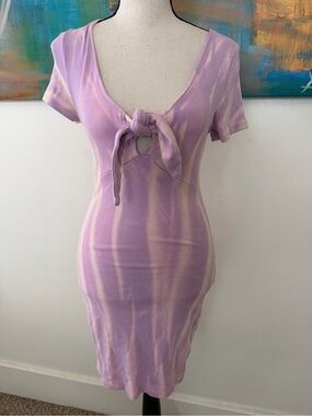 Brand New Tie Dye Pink Purple Short Sleeve Tie Front Bodycon Cotton Dress S